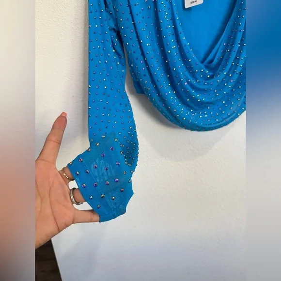 Cowl Mesh rop Top Vibrant Blue Beaded Blouse - Picture 5 of 7